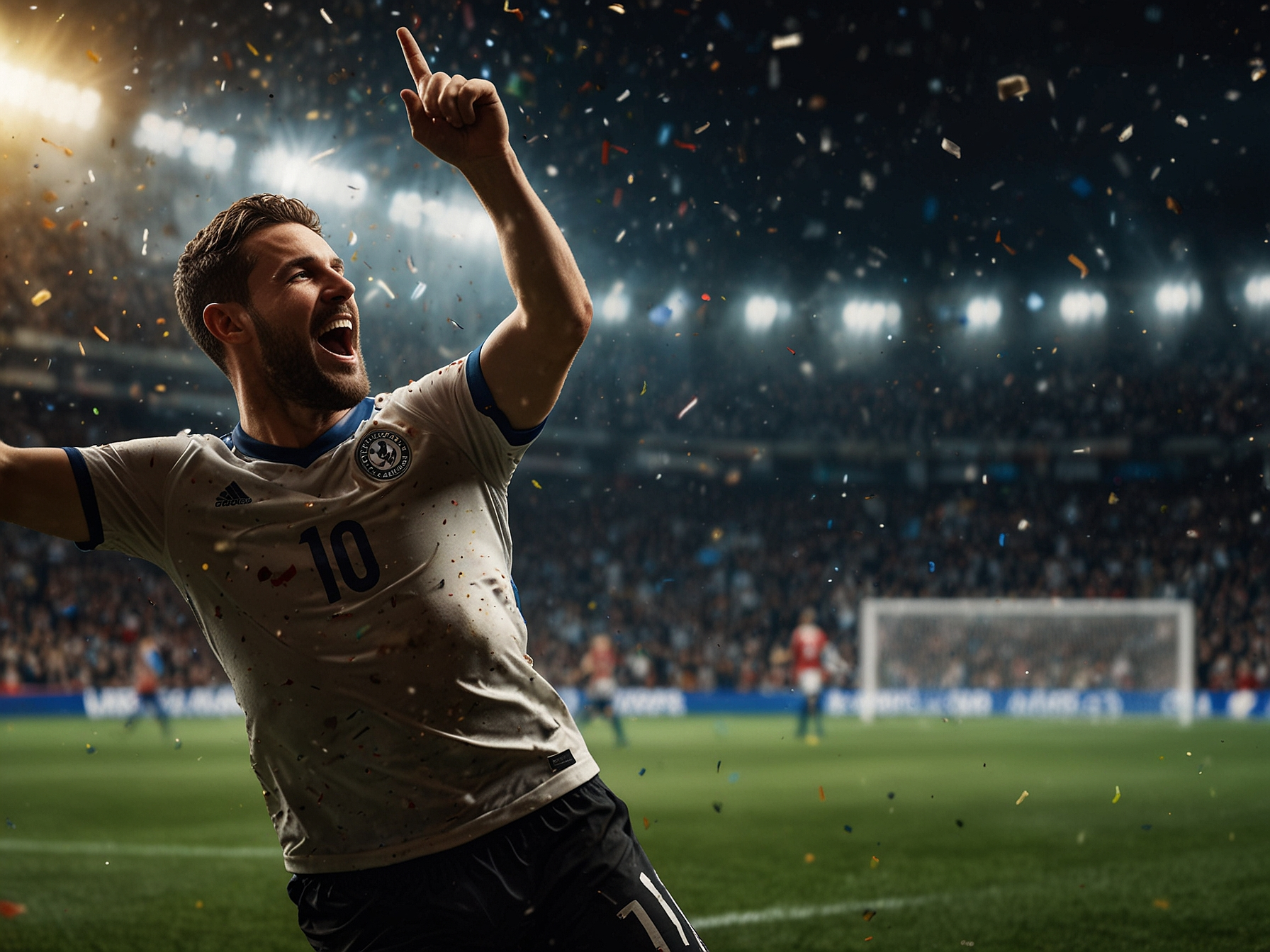 Jugador de fútbol celebrando un gol en estadio